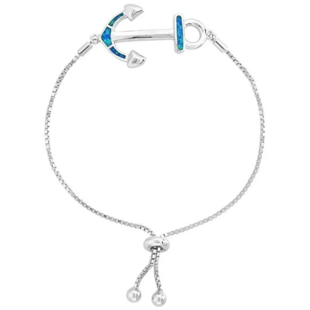 Sterling Silver Synthetic Opal Anchor Bolo Bracele - Picture 1 of 2